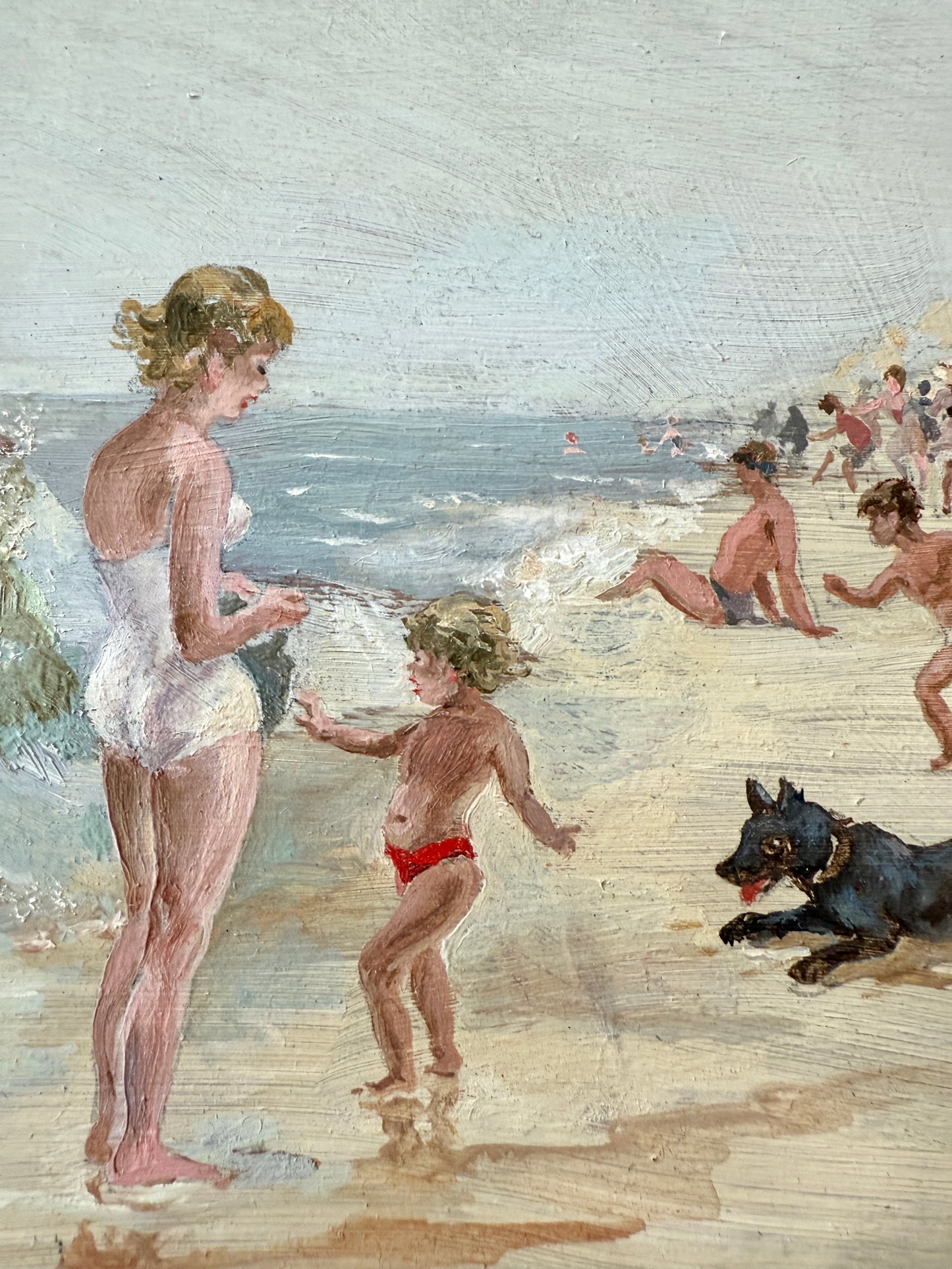 Will Nickless August Saturday Crowded Beach Scene Oil Painting in Gold Frame