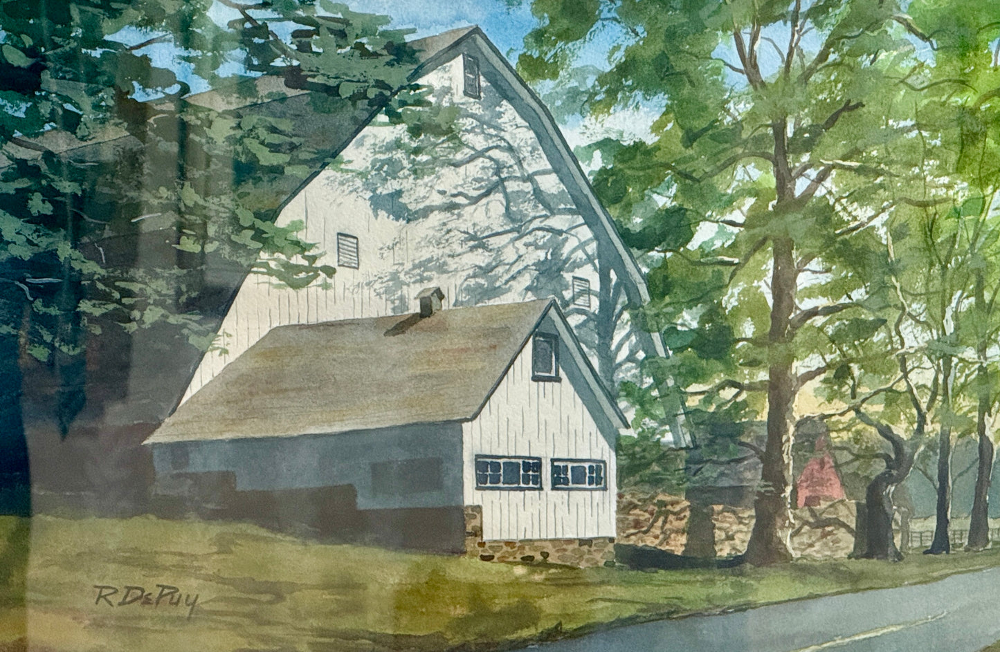 Robert DePuy Brandywine Sentinel Chester County PA White Barn Landscape Watercolor Painting in Gold Frame