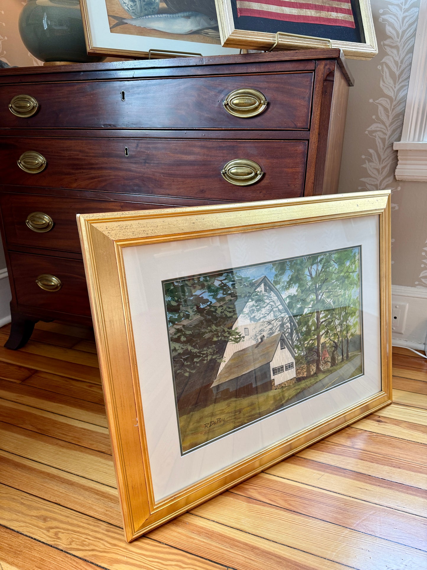 Robert DePuy Brandywine Sentinel Chester County PA White Barn Landscape Watercolor Painting in Gold Frame