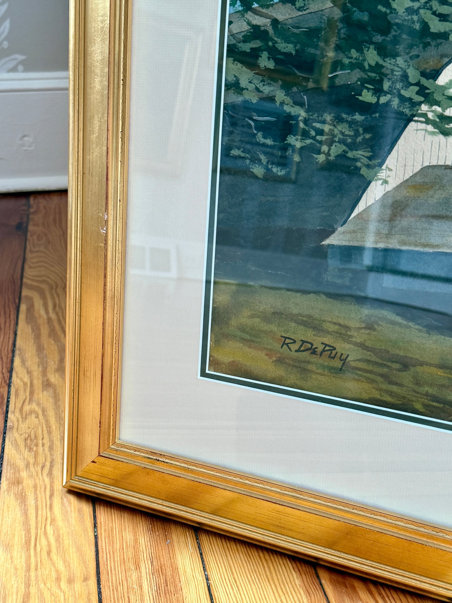 Robert DePuy Brandywine Sentinel Chester County PA White Barn Landscape Watercolor Painting in Gold Frame