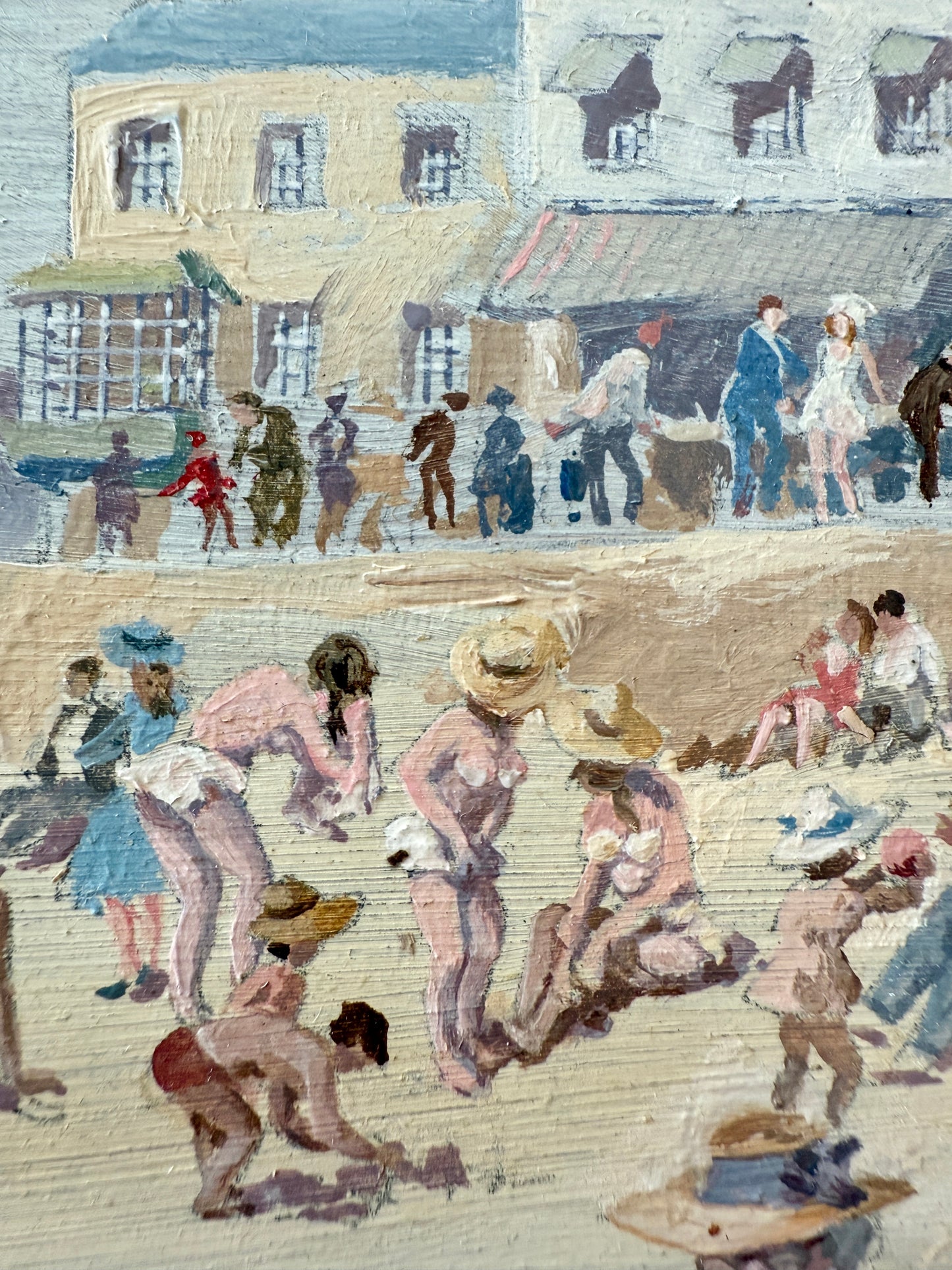 Will Nickless August Saturday Crowded Beach Scene Oil Painting in Gold Frame