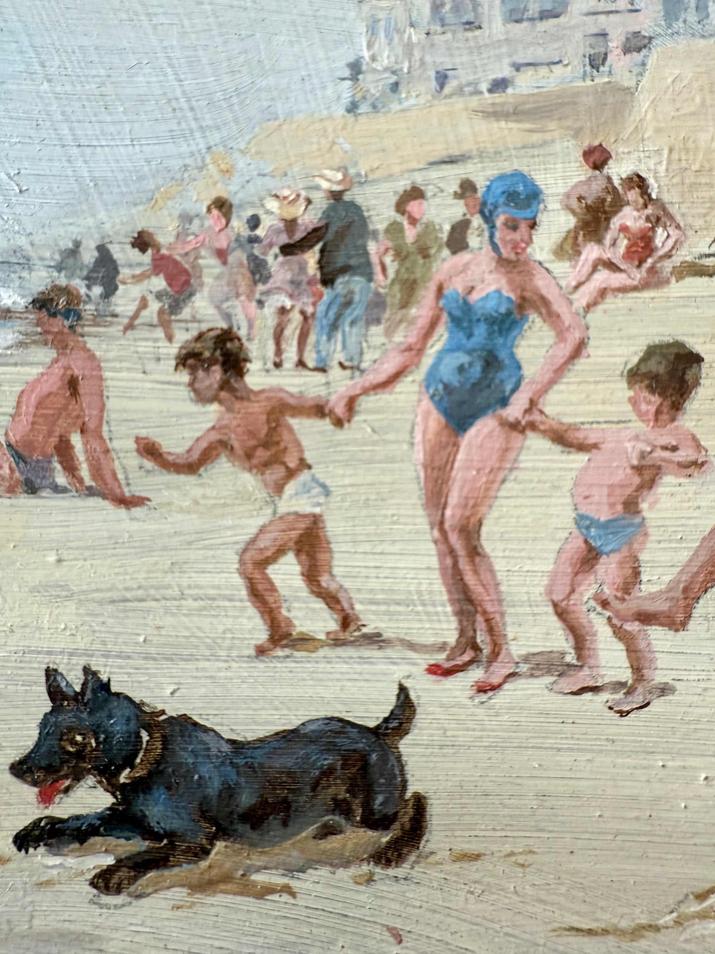 Will Nickless August Saturday Crowded Beach Scene Oil Painting in Gold Frame