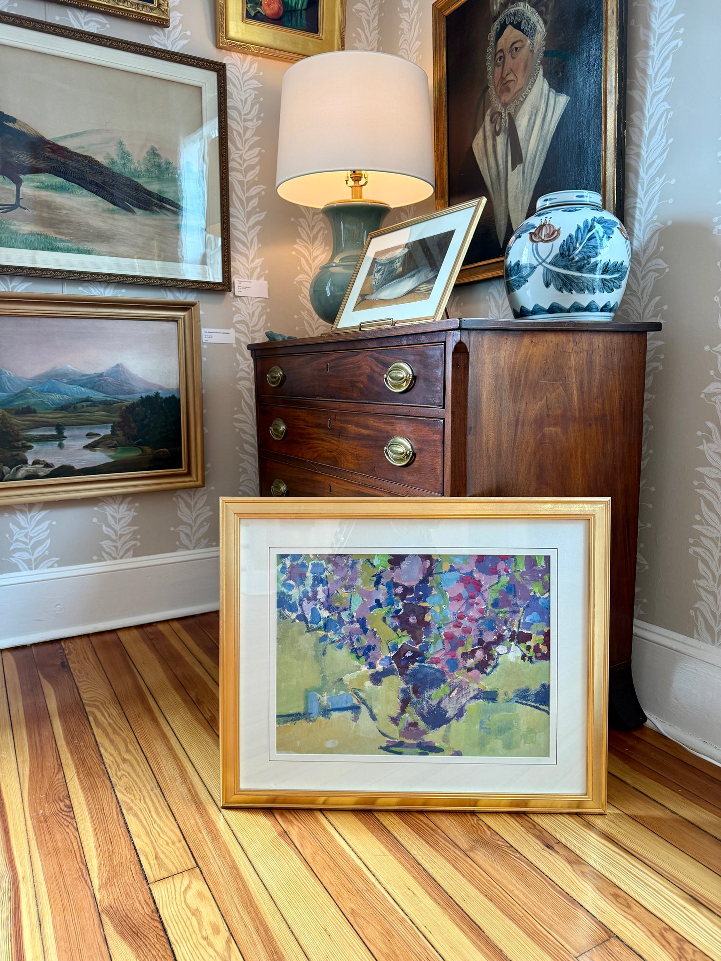 Richard Derby Tucker Abstract Lavender Floral Still Life Oil Painting in Gold Frame