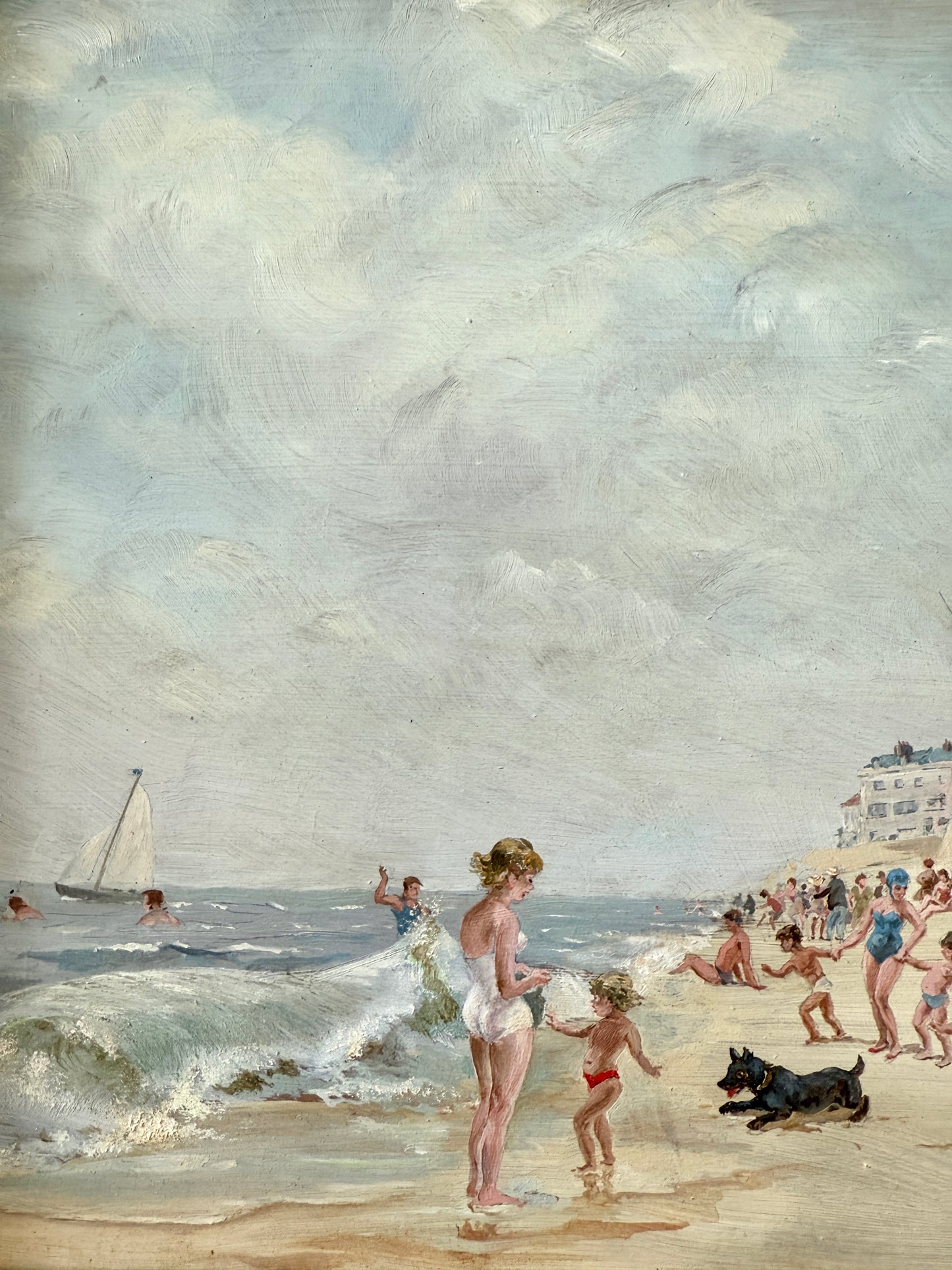 Will Nickless August Saturday Crowded Beach Scene Oil Painting in Gold Frame
