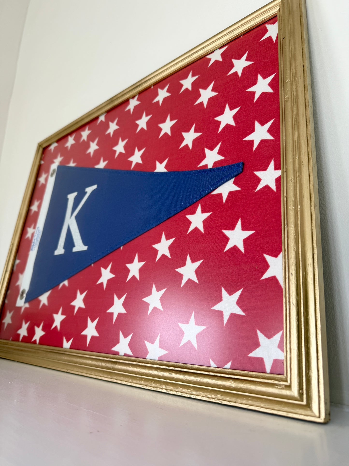 Vintage "K" Initial Canvas Burgee Nautical Flag on Red White Stars in Gold Frame