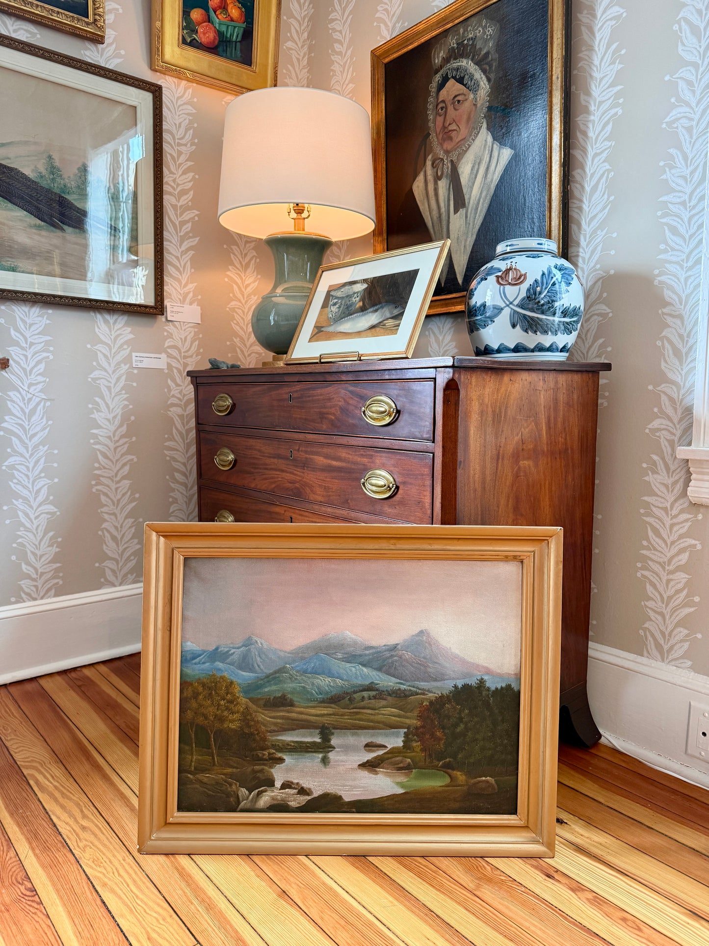19th Century American Mountain Landscape Oil Painting in Gold Frame