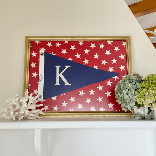 Vintage "K" Initial Canvas Burgee Nautical Flag on Red White Stars in Gold Frame
