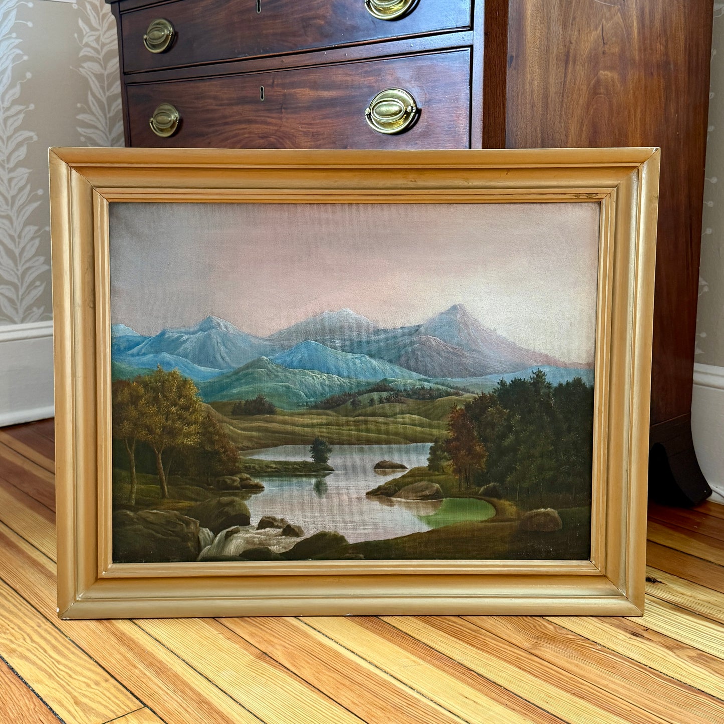 19th Century American Mountain Landscape Oil Painting in Gold Frame