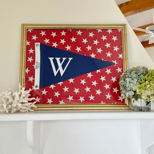 Vintage "W" Initial Canvas Burgee Nautical Flag on Red White Stars in Gold Frame (Copy)