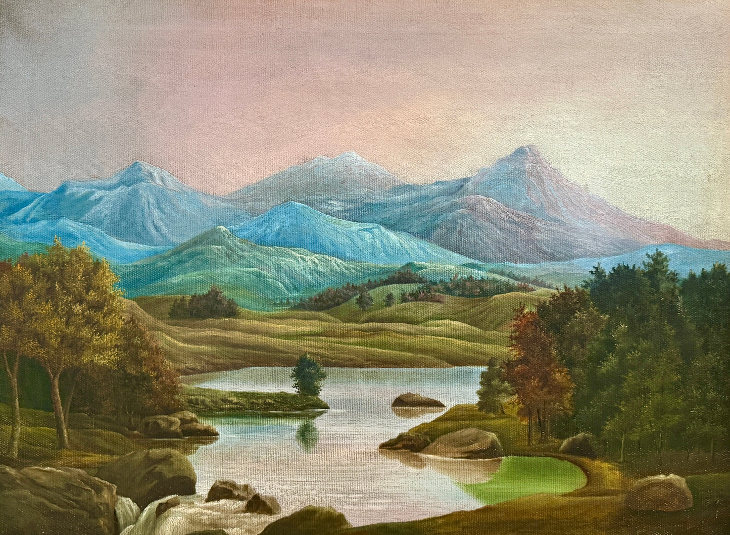 19th Century American Mountain Landscape Oil Painting in Gold Frame