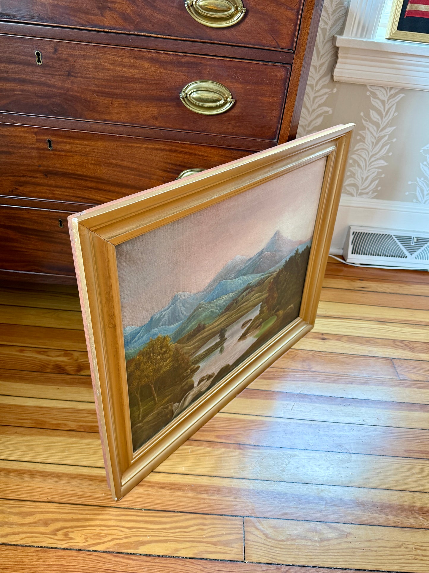 19th Century American Mountain Landscape Oil Painting in Gold Frame
