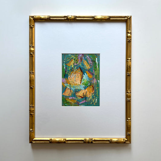 Vintage Colorful Large Abstract Oil Painting #14 in Light Gold Bamboo Frame