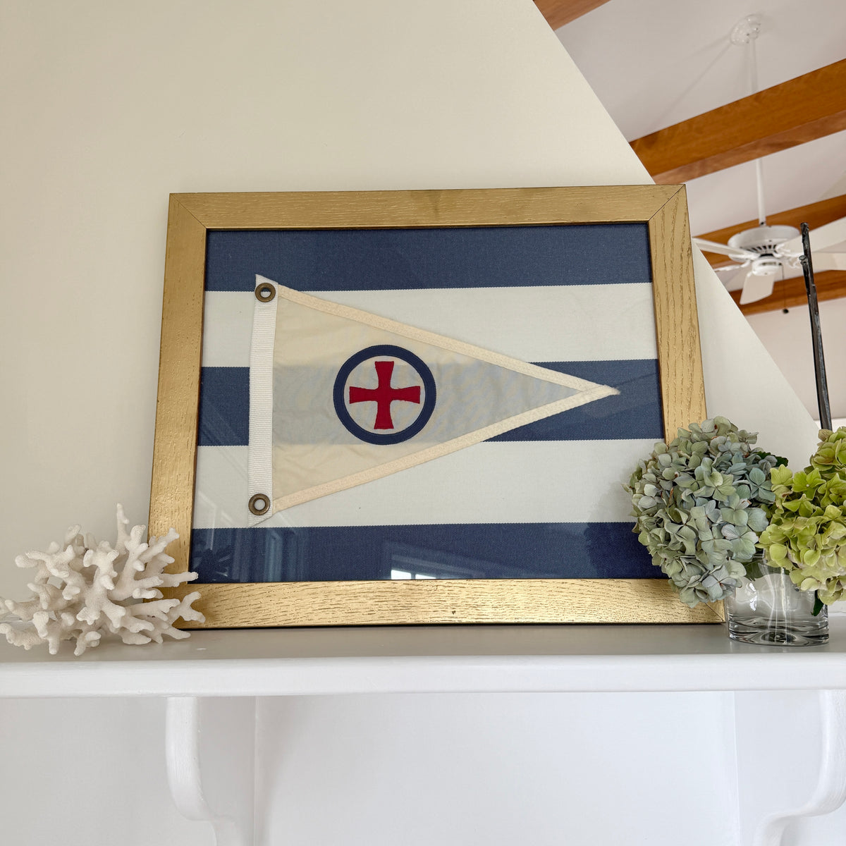 Burgee Frame Vintage Yachting Burgee on Navy White Awning Stripe in Gold Frame ...