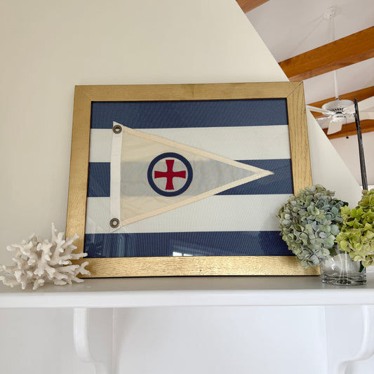 Vintage Yachting Burgee on Navy White Awning Stripe in Gold Frame