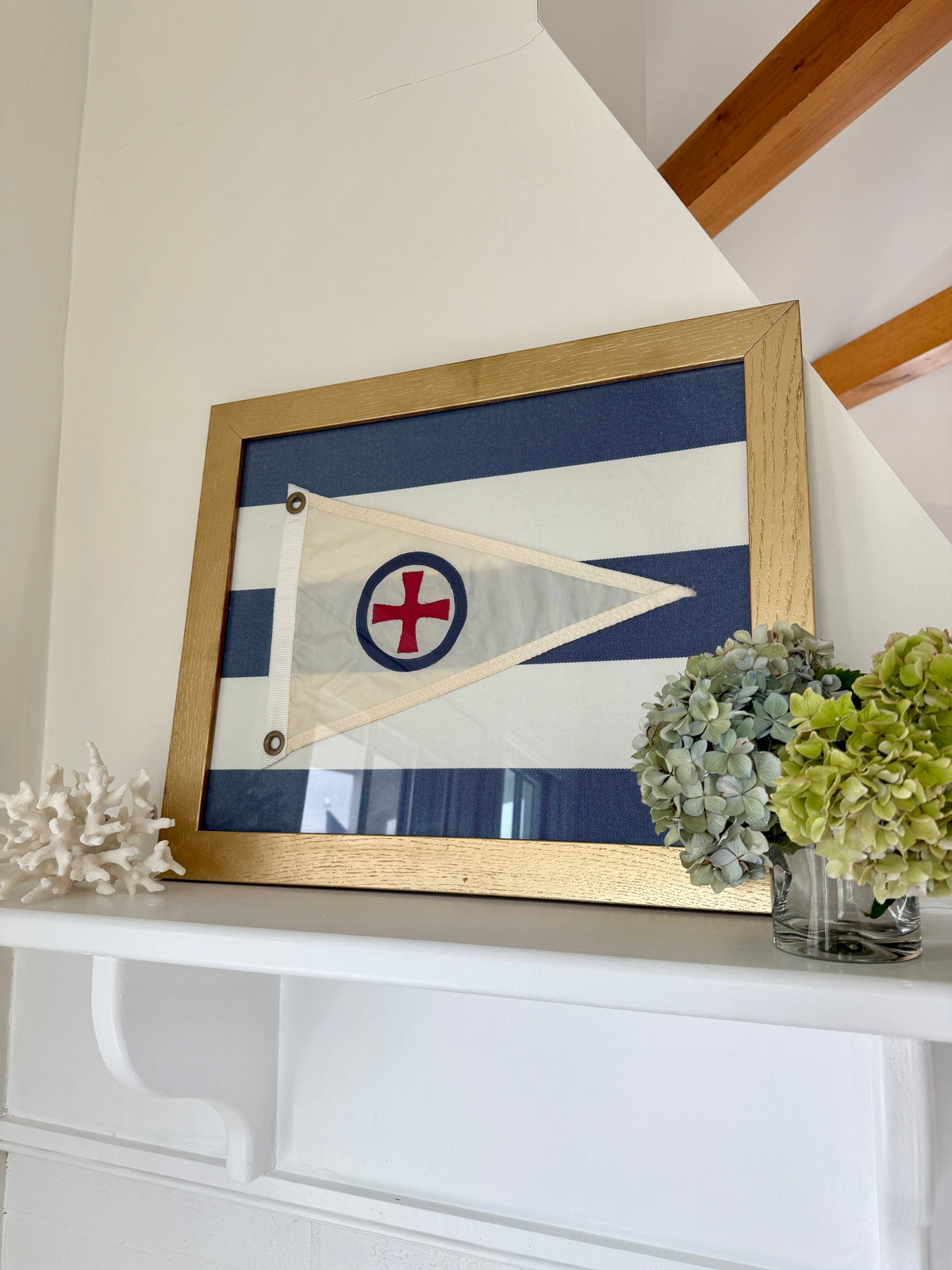 Burgee Frame Vintage Yachting Burgee on Navy White Awning Stripe in Gold Frame ...