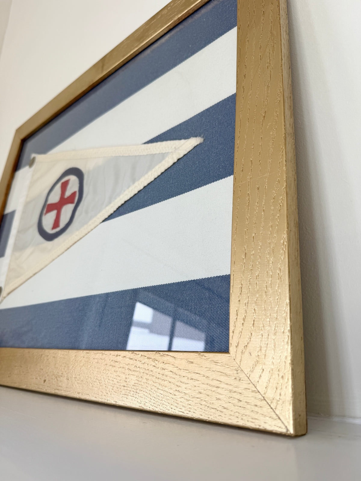 Burgee Frame Vintage Yachting Burgee on Navy White Awning Stripe in Gold Frame ...