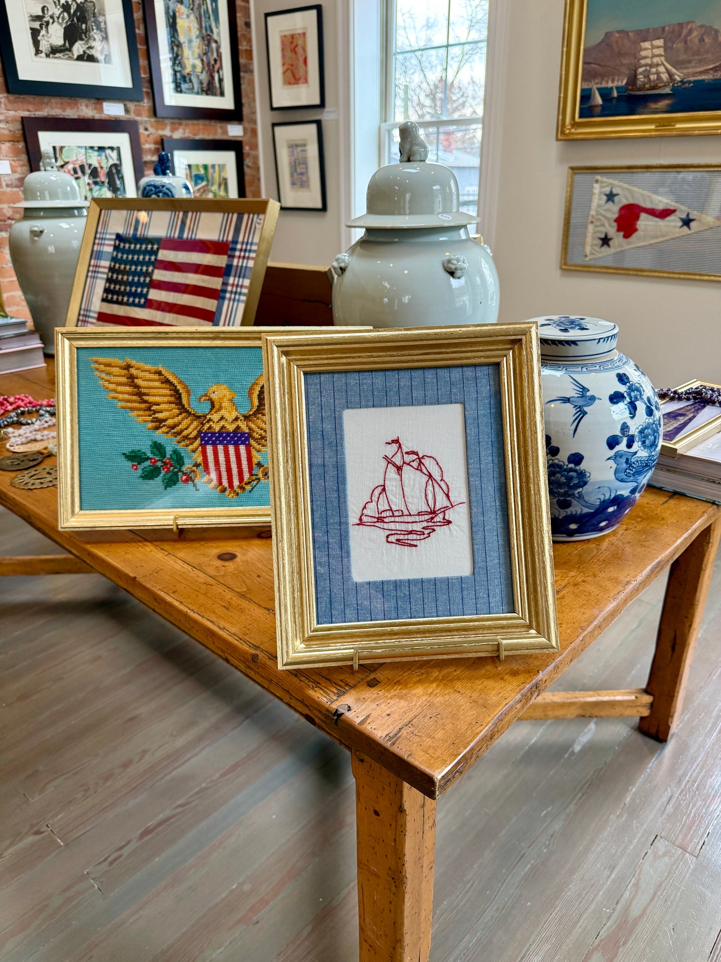 Early 20th Century Sailboat American Redwork Embroidery on Blue Pinstripes in Vintage Gold Frame