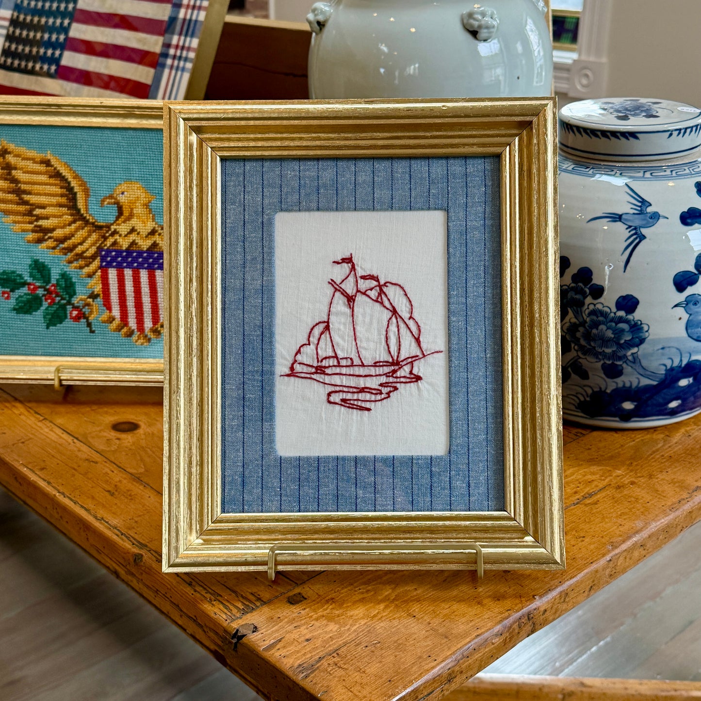 Early 20th Century Sailboat American Redwork Embroidery on Blue Pinstripes in Vintage Gold Frame