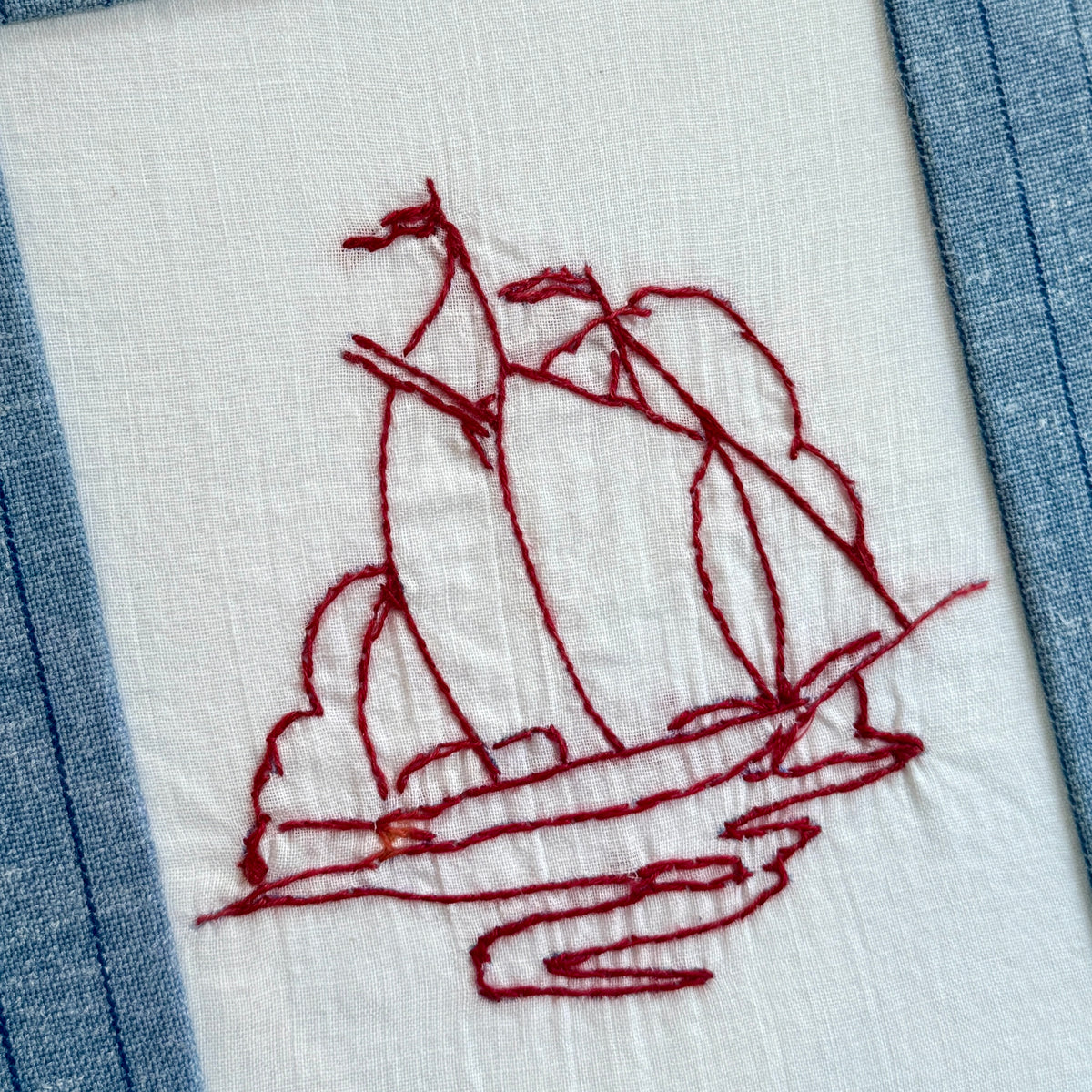 Blue Red Work Early 20th Century Sailboat American Redwork Embroidery on Blue Pinstr ...