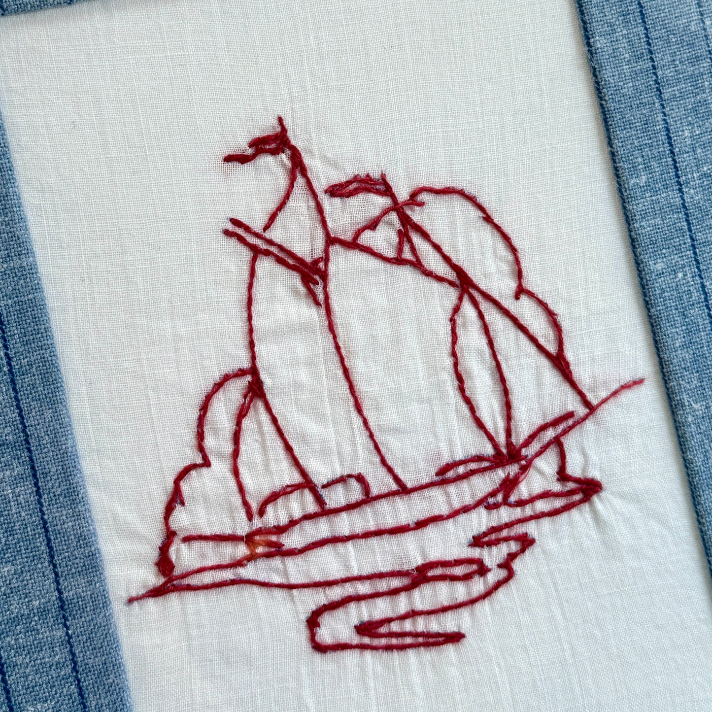 Early 20th Century Sailboat American Redwork Embroidery on Blue Pinstripes in Vintage Gold Frame