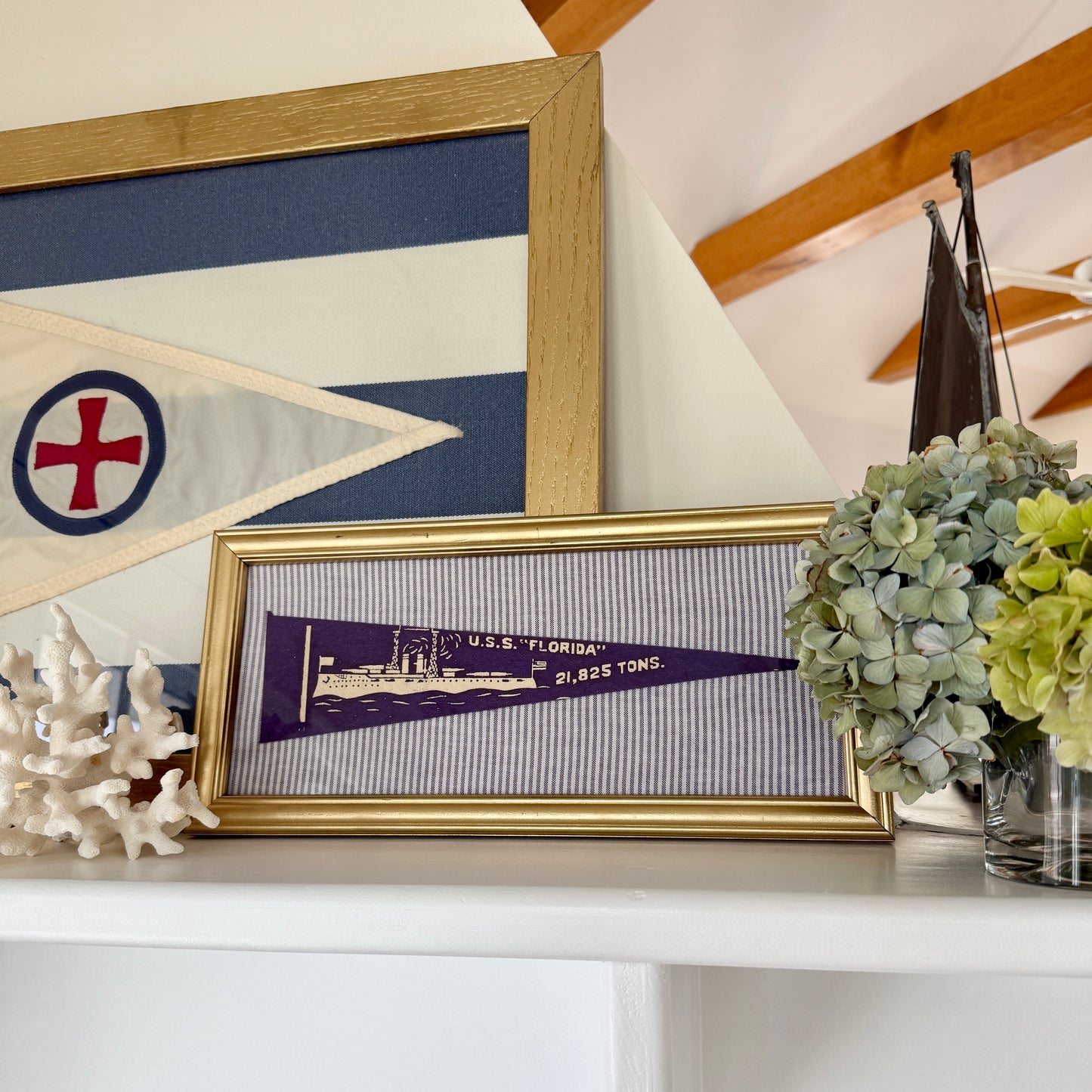Early 20th Century U.S.S. Florida Naval Ship Wool Pennant on Lavender Ticking Stripes in Gold Frame