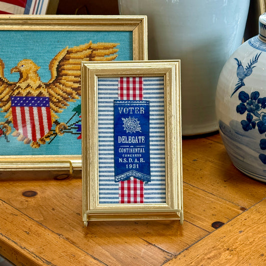 1931 National Society Daughters of the American Revolution Continental Congress Voter Ribbon on Blue Oxford Stripes and Red Gingham in Gold Frame