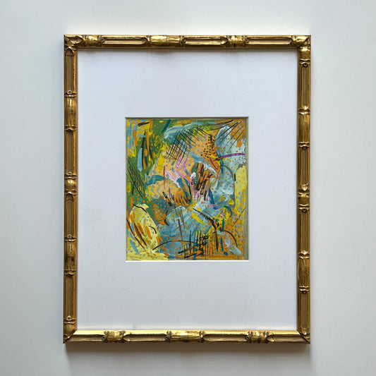 Vintage Colorful Large Abstract Oil Painting #16 in Light Gold Bamboo Frame
