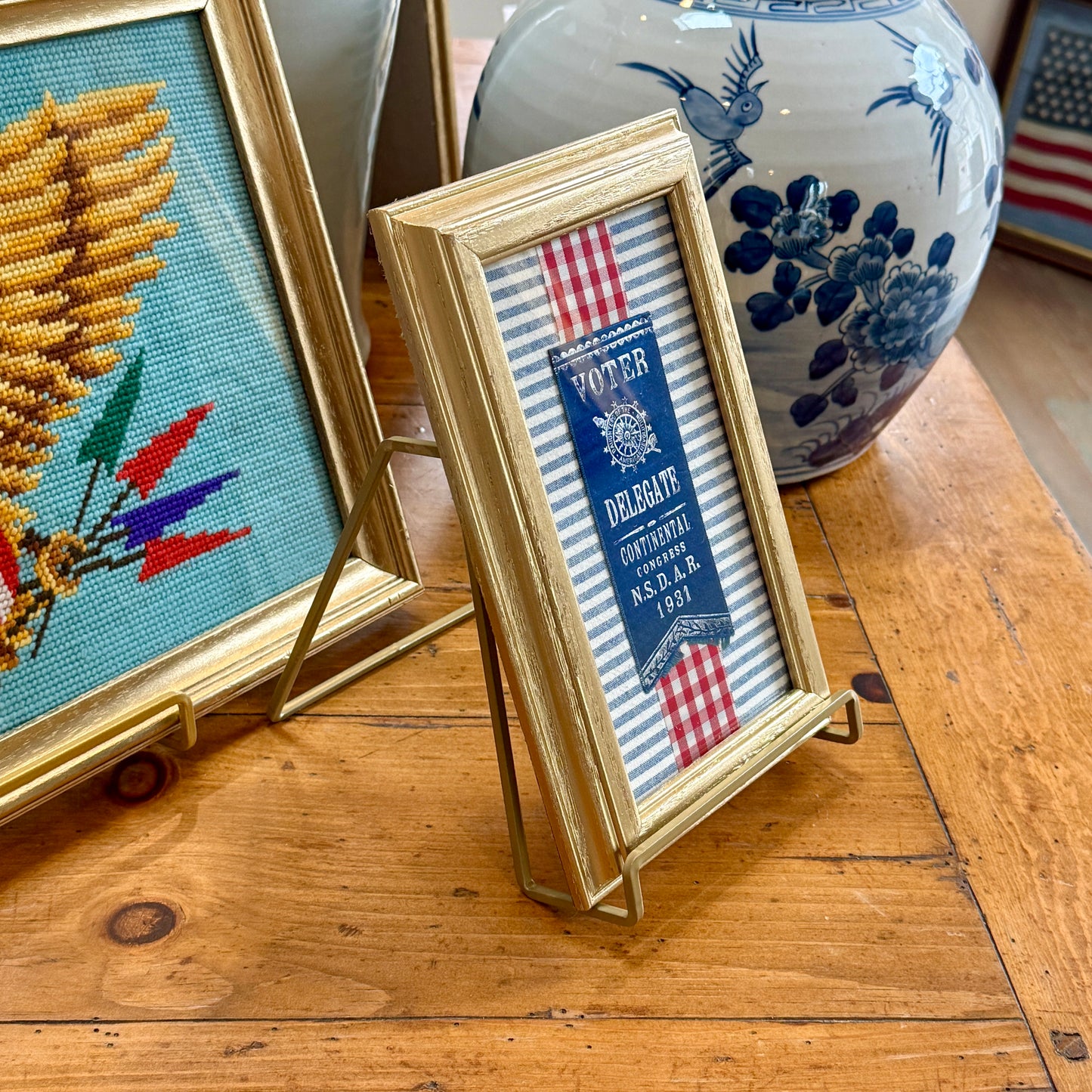 1931 National Society Daughters of the American Revolution Continental Congress Voter Ribbon on Blue Oxford Stripes and Red Gingham in Gold Frame