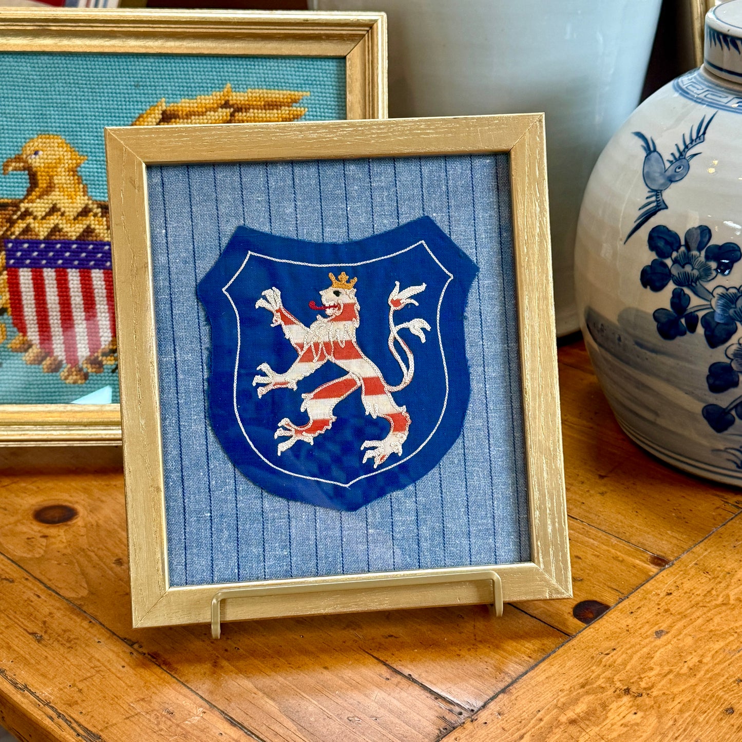 German Coat of Arms Crowned Lion on Blue Pinstripes in Vintage Gold Frame