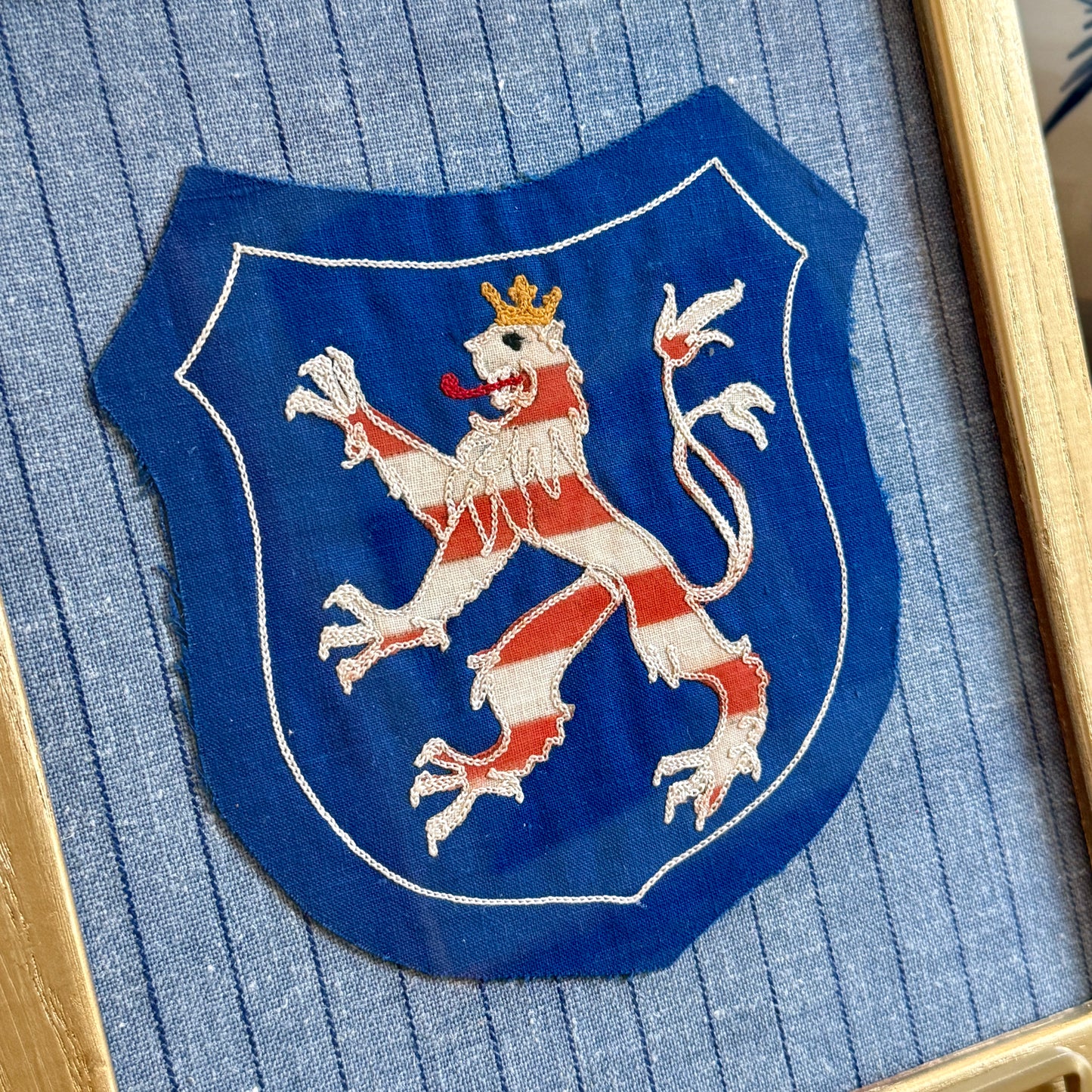 German Coat of Arms Crowned Lion on Blue Pinstripes in Vintage Gold Frame
