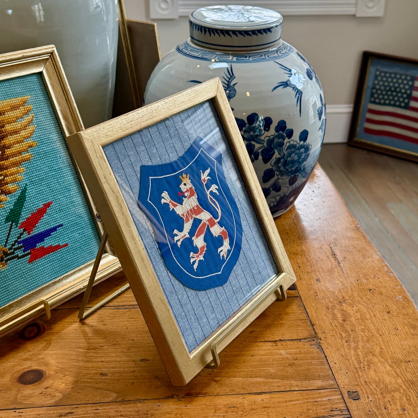 German Coat of Arms Crowned Lion on Blue Pinstripes in Vintage Gold Frame