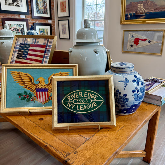 1963 River Edge Ivy Leage Football Varsity Patch on Blackwatch Plaid in Gold Frame