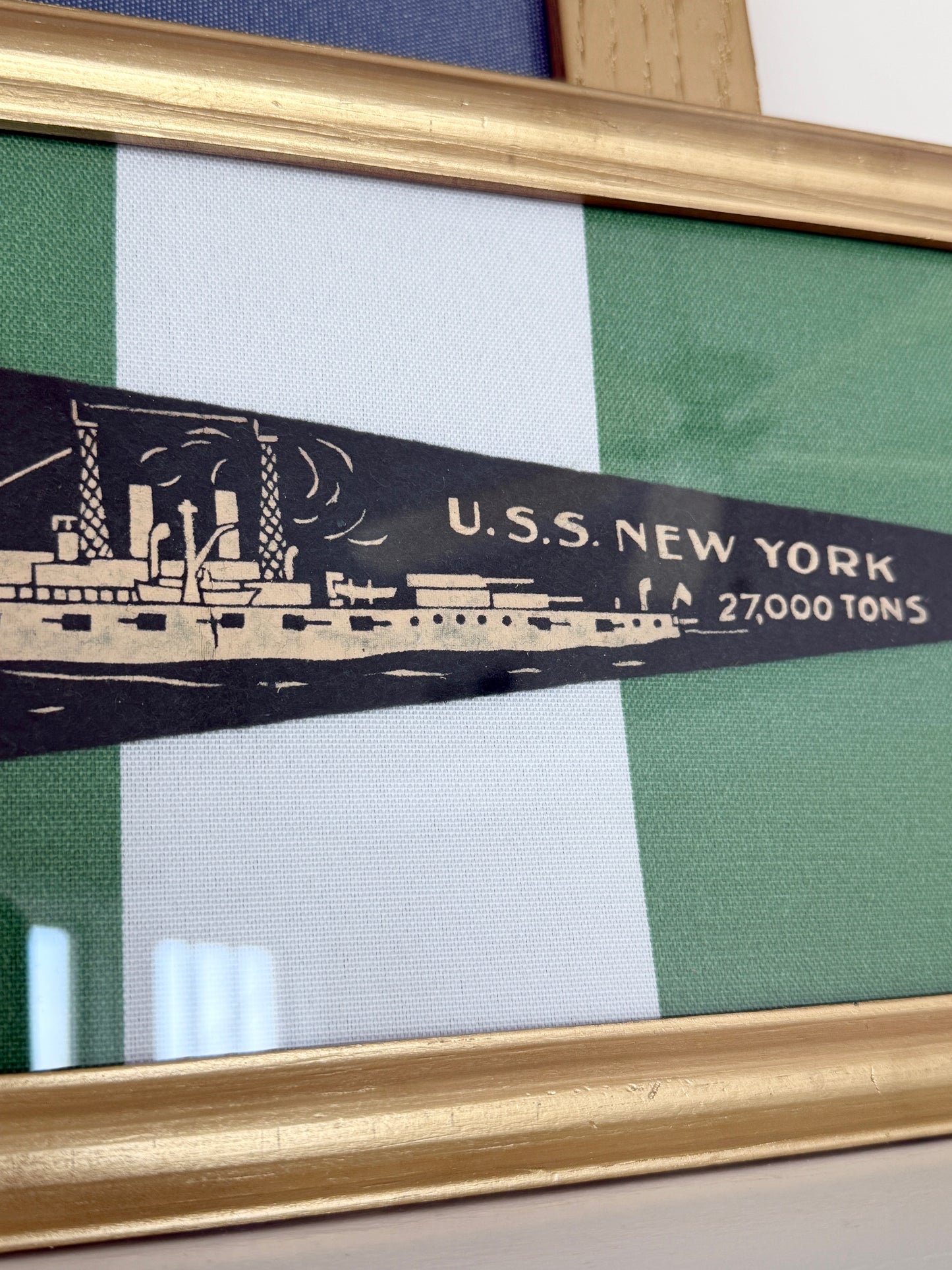 Early 20th Century U.S.S. New York Naval Ship Wool Pennant on Green Awning Stripes in Gold Frame