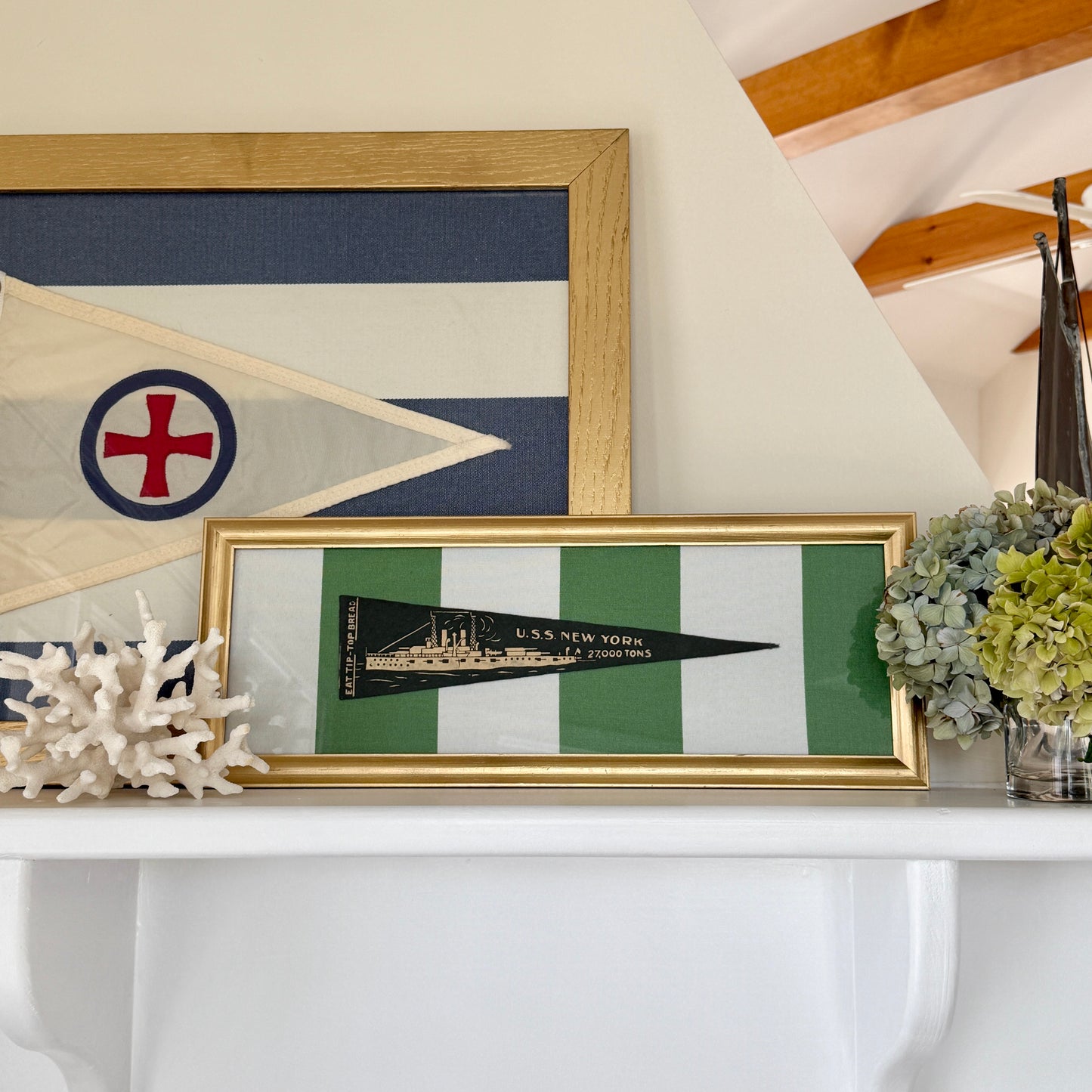 Early 20th Century U.S.S. New York Naval Ship Wool Pennant on Green Awning Stripes in Gold Frame