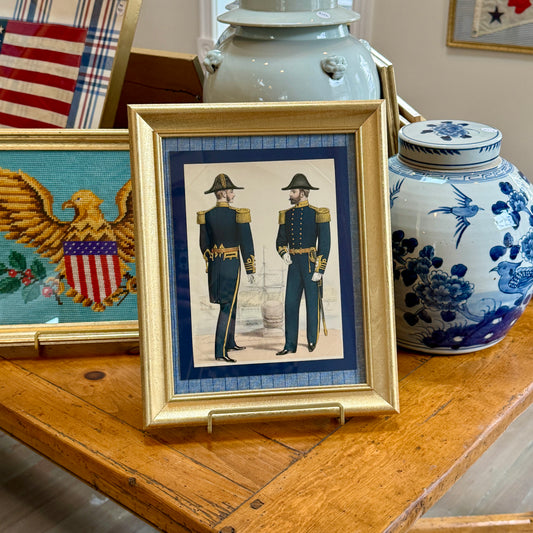 1890s British Royal Navy Lieutenant Uniform Hand Colored Engraving in Gold Frame