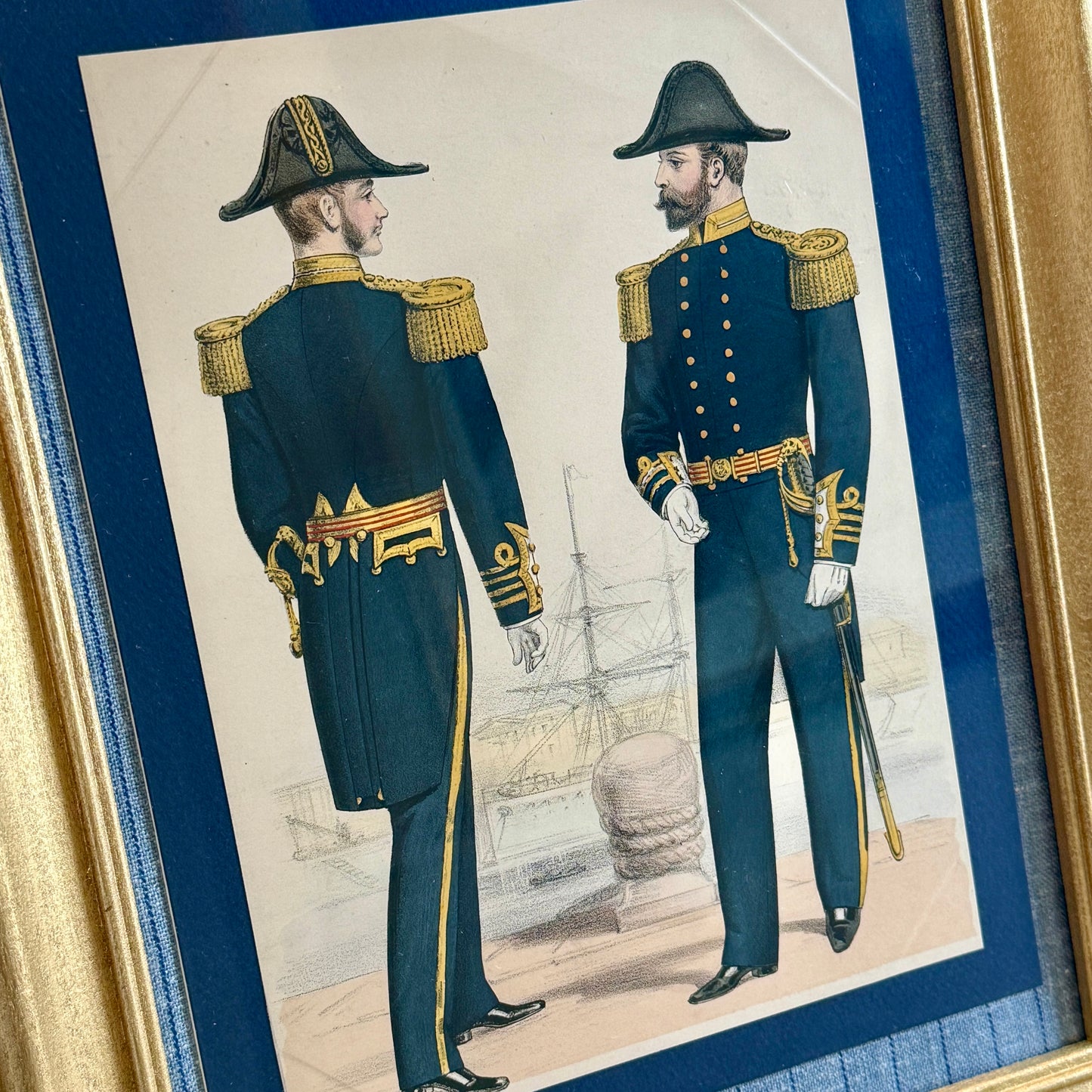 1890s British Royal Navy Lieutenant Uniform Hand Colored Engraving in Gold Frame