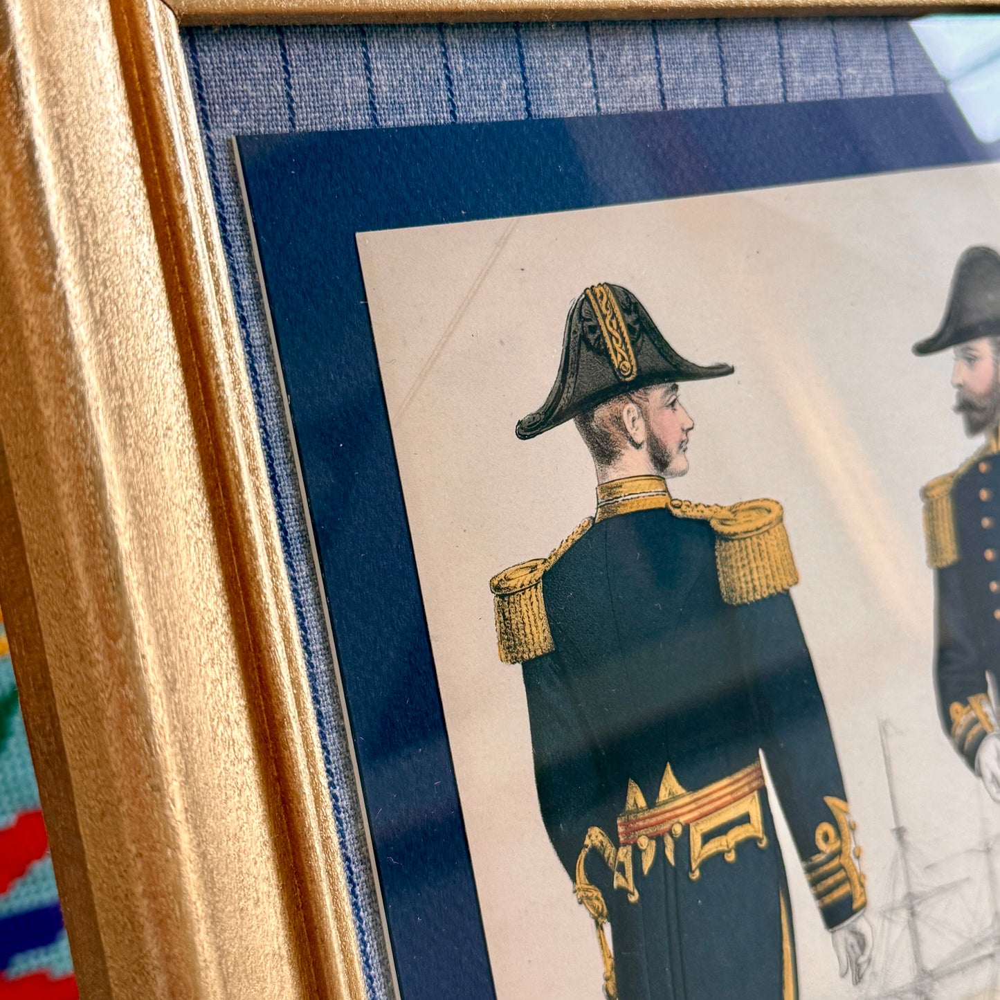 1890s British Royal Navy Lieutenant Uniform Hand Colored Engraving in Gold Frame