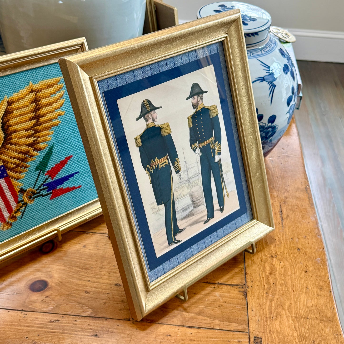 1890s British Royal Navy Lieutenant Uniform Hand Colored Engraving in Gold Frame