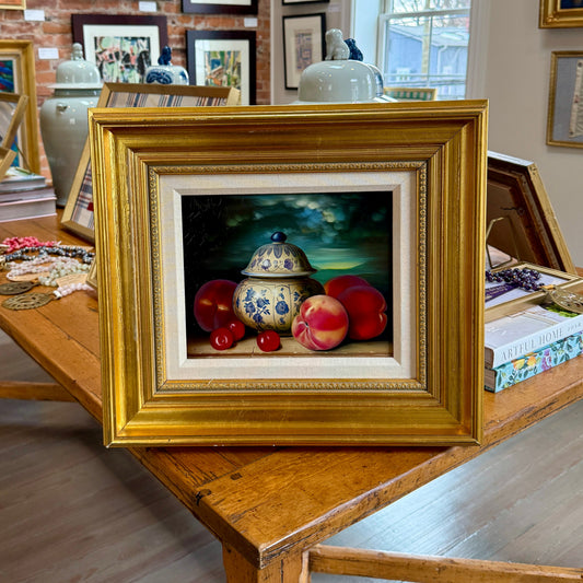Dominique Obeniche Peches, Cerises et Delft Peaches, Cherries and Delft Jar Still Life Oil Painting in Gold Frame