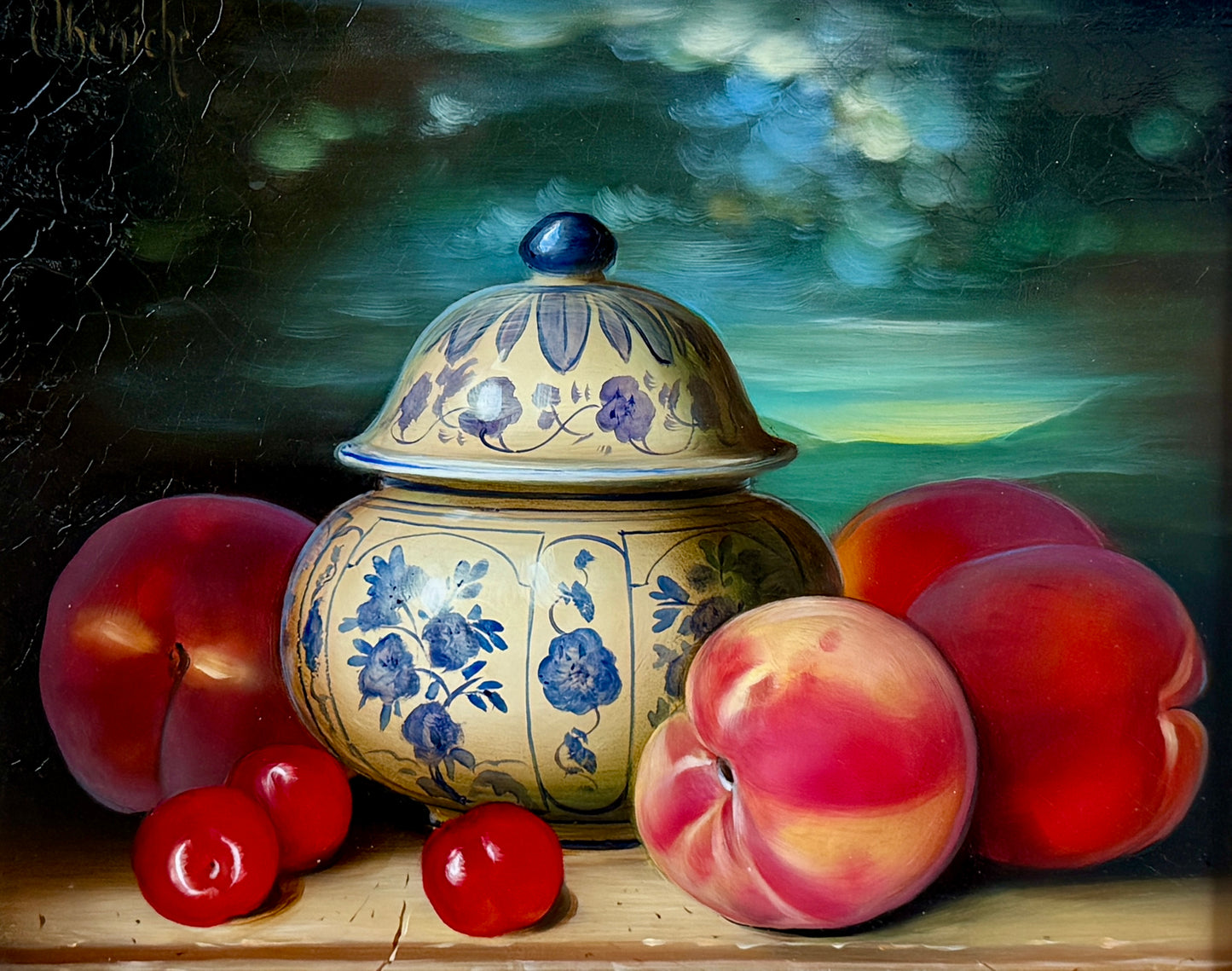 Dominique Obeniche Peches, Cerises et Delft Peaches, Cherries and Delft Jar Still Life Oil Painting in Gold Frame