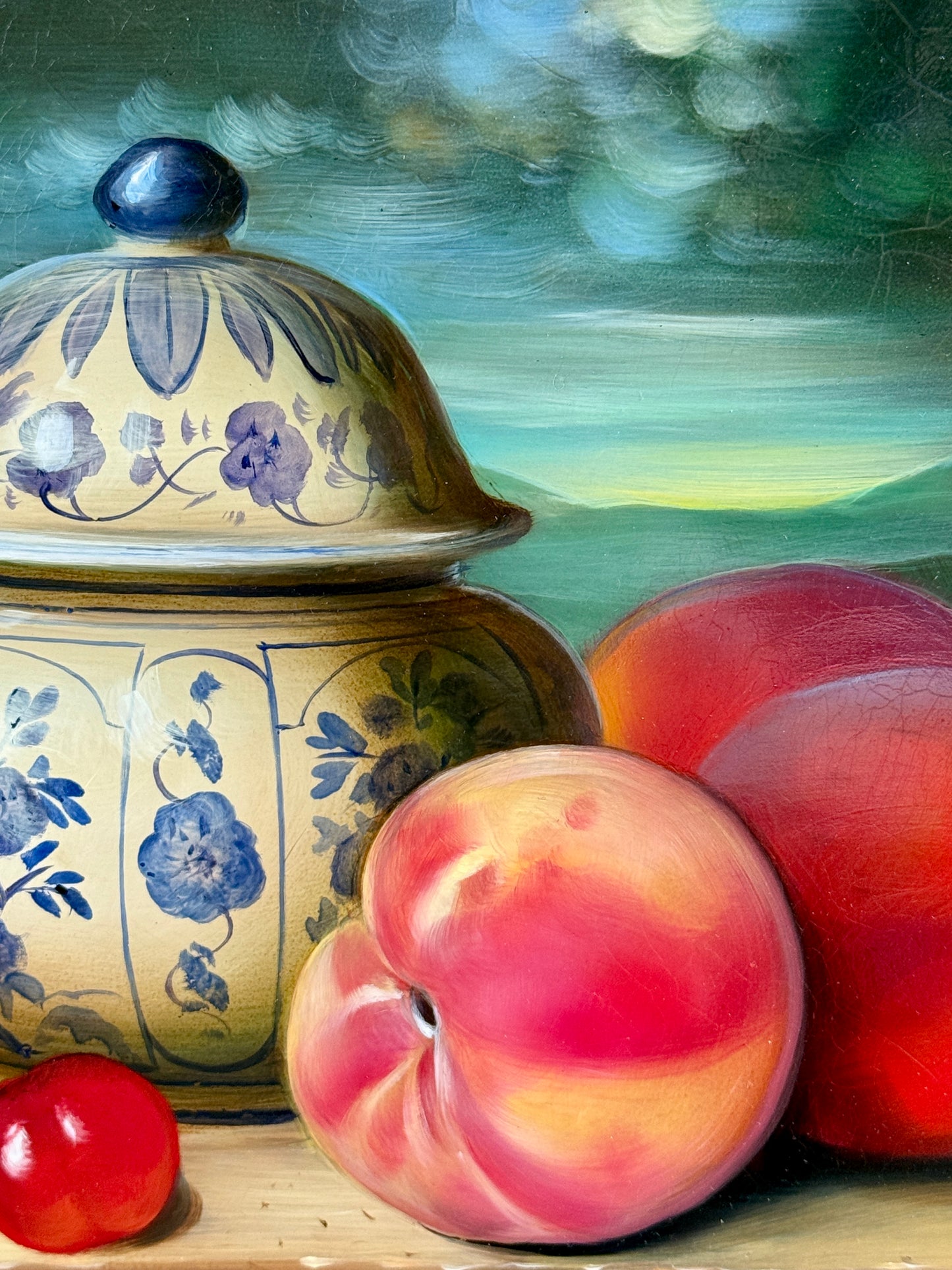 Dominique Obeniche Peches, Cerises et Delft Peaches, Cherries and Delft Jar Still Life Oil Painting in Gold Frame