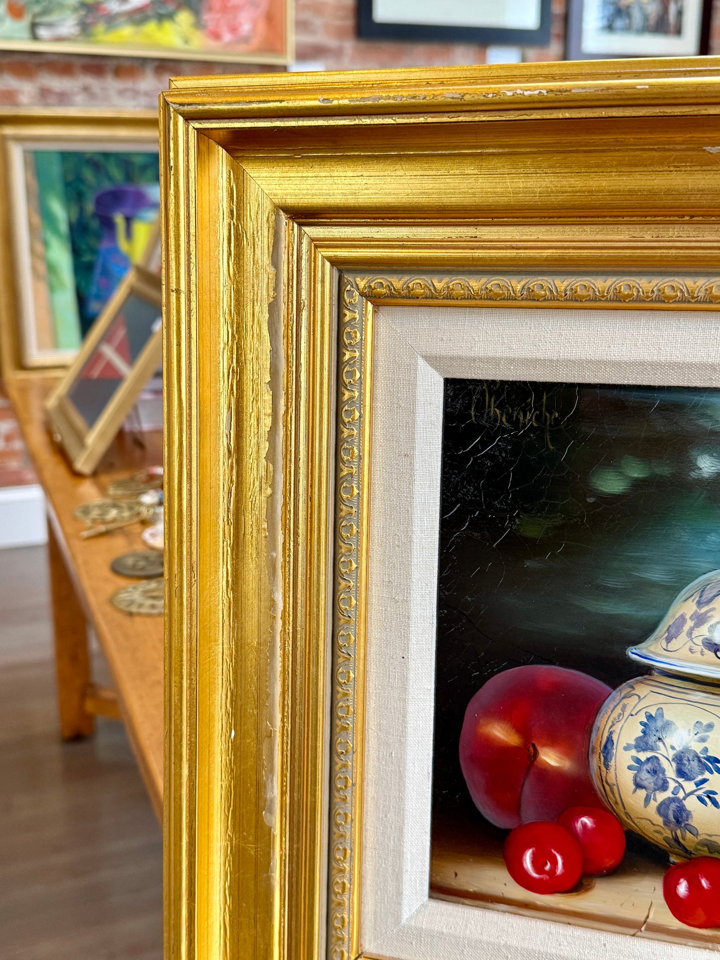 Dominique Obeniche Peches, Cerises et Delft Peaches, Cherries and Delft Jar Still Life Oil Painting in Gold Frame