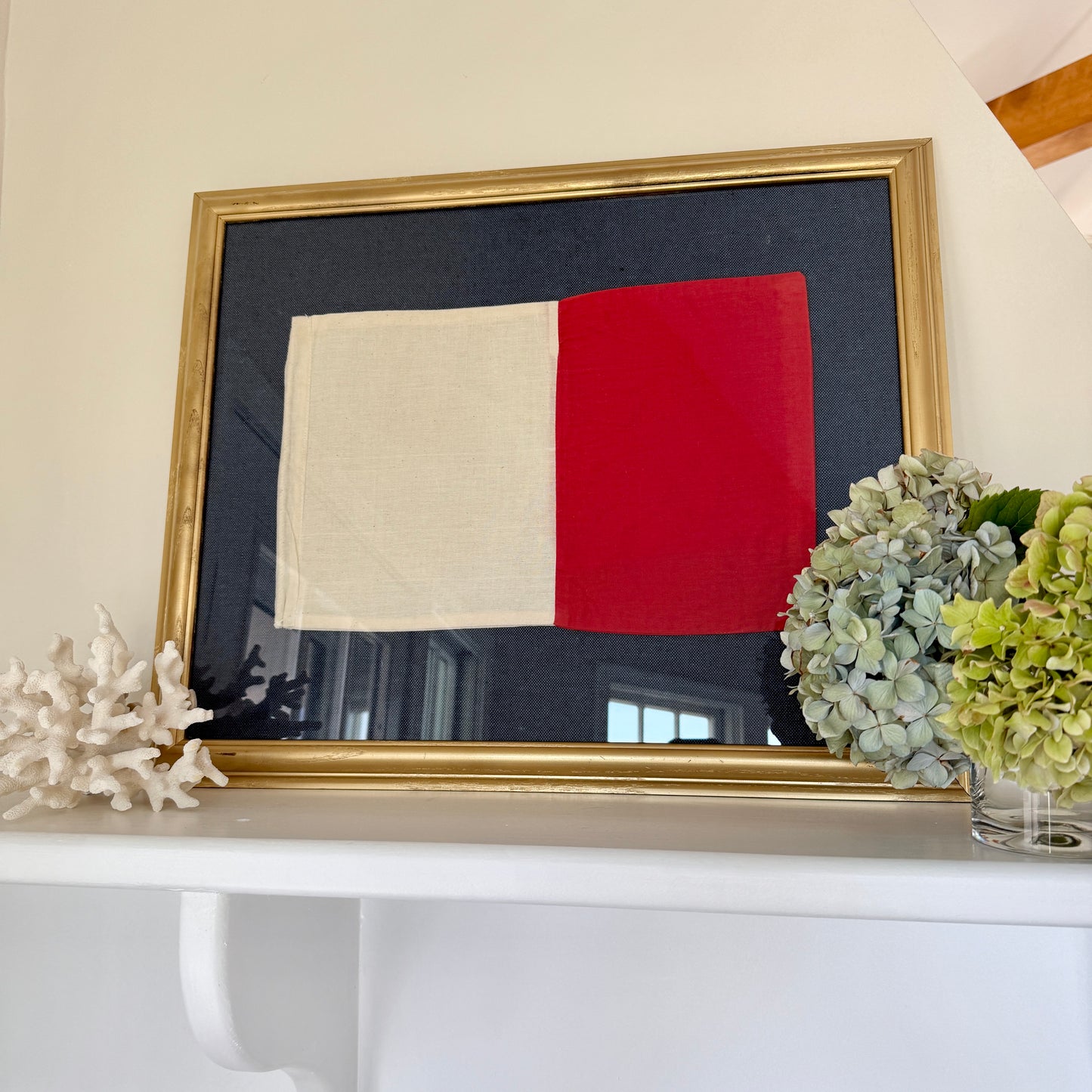 Vintage Cotton Canvas Nautical Yachting Signal Flag for "H" on Navy Pique in Gold Frame