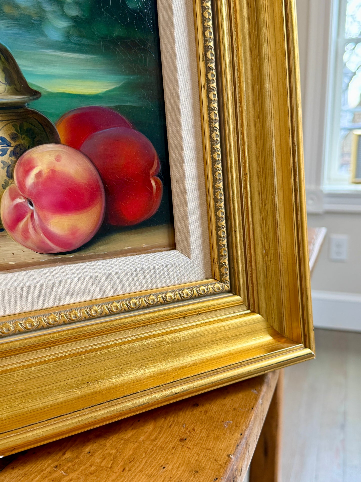 Dominique Obeniche Peches, Cerises et Delft Peaches, Cherries and Delft Jar Still Life Oil Painting in Gold Frame