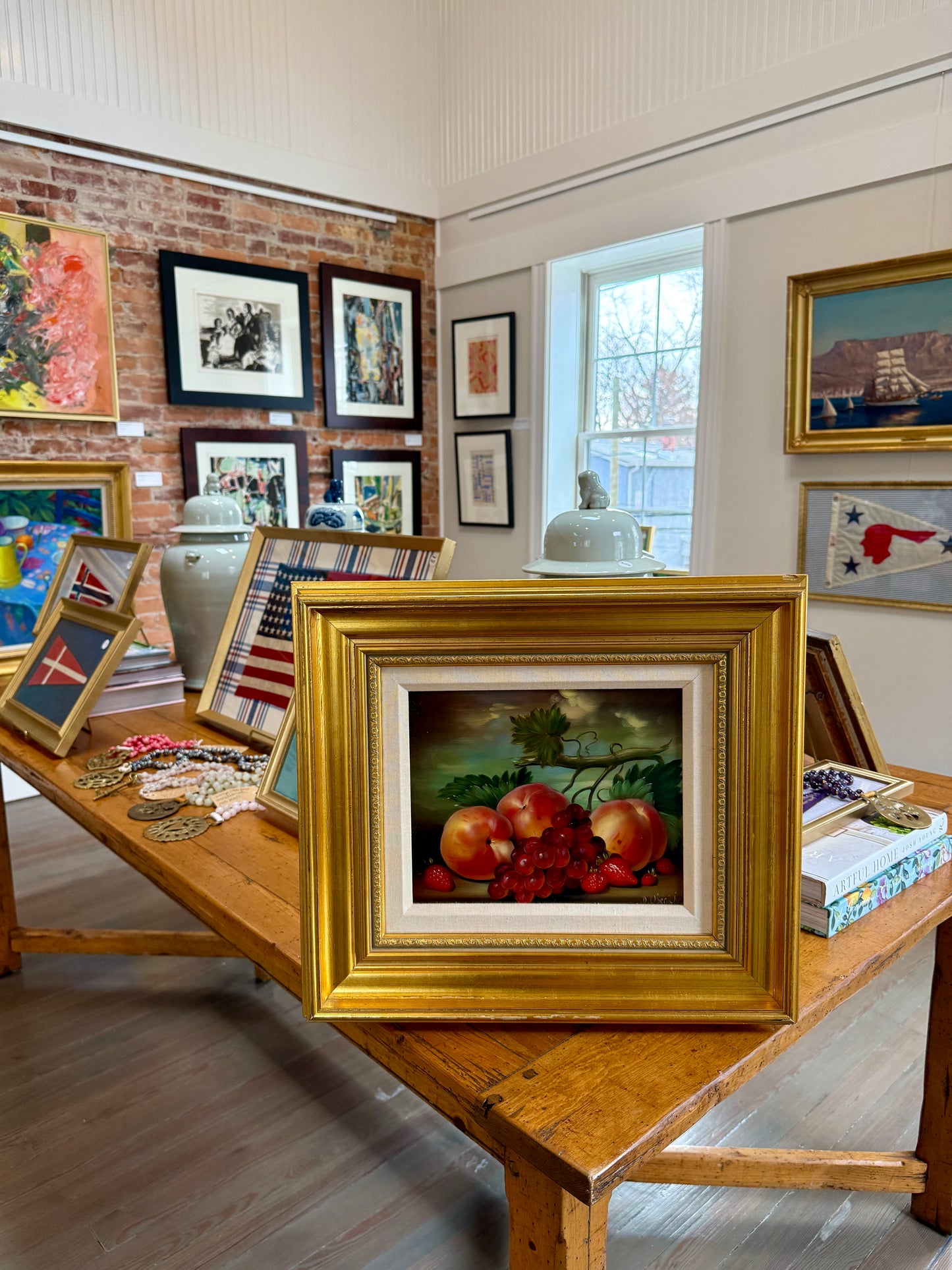 Dominique Obeniche Peche et Raisins Peaches and Grapes Still Life Oil Painting in Gold Frame