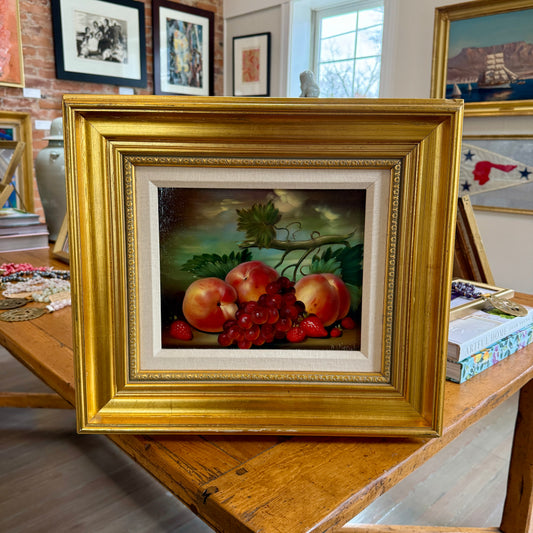 Dominique Obeniche Peche et Raisins Peaches and Grapes Still Life Oil Painting in Gold Frame