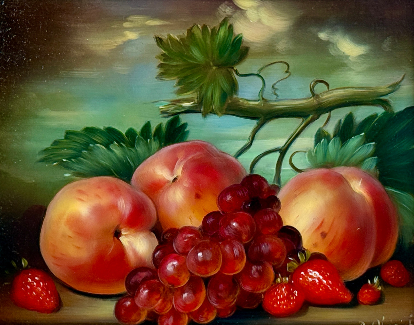 Dominique Obeniche Peche et Raisins Peaches and Grapes Still Life Oil Painting in Gold Frame