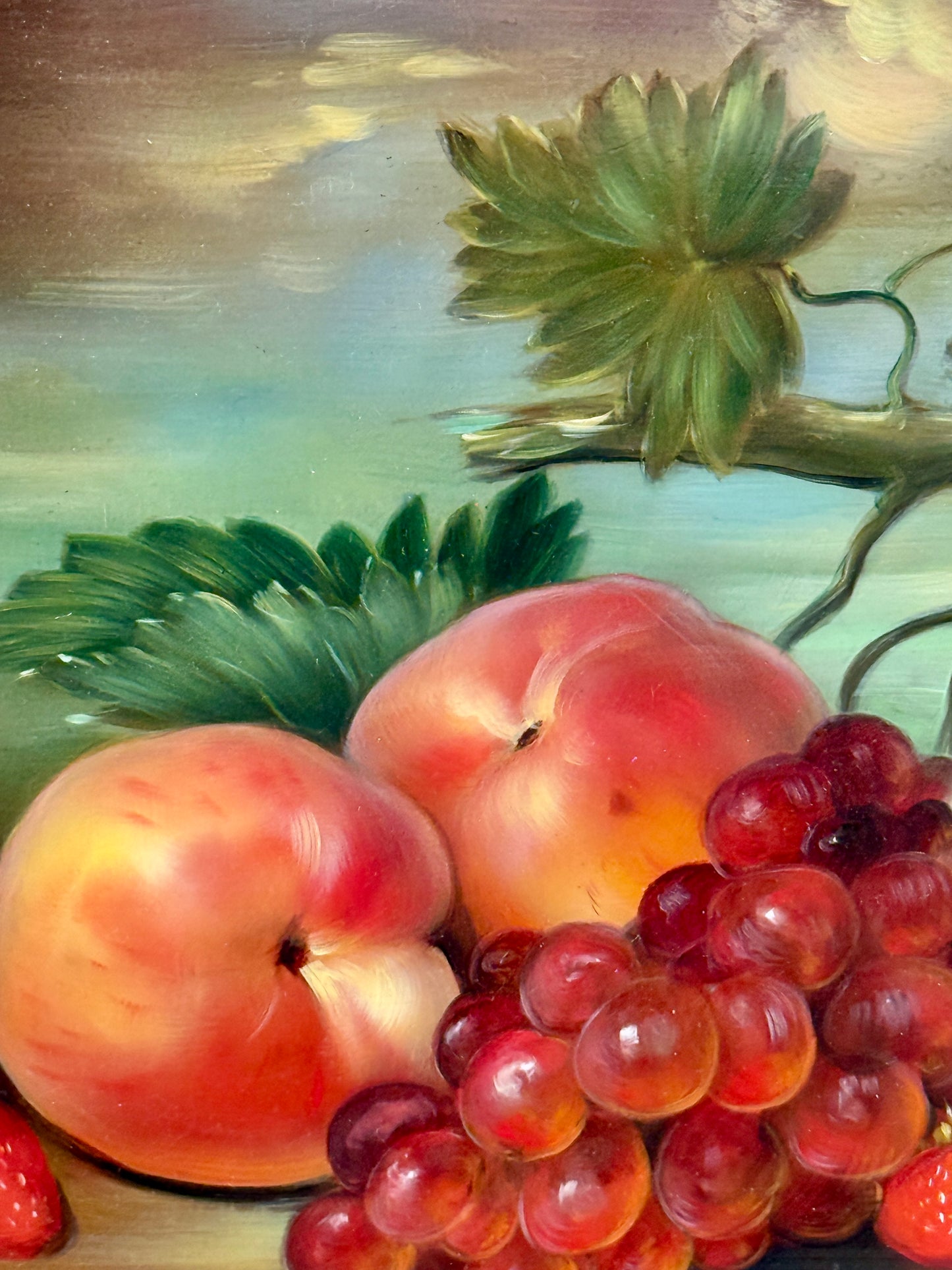 Dominique Obeniche Peche et Raisins Peaches and Grapes Still Life Oil Painting in Gold Frame