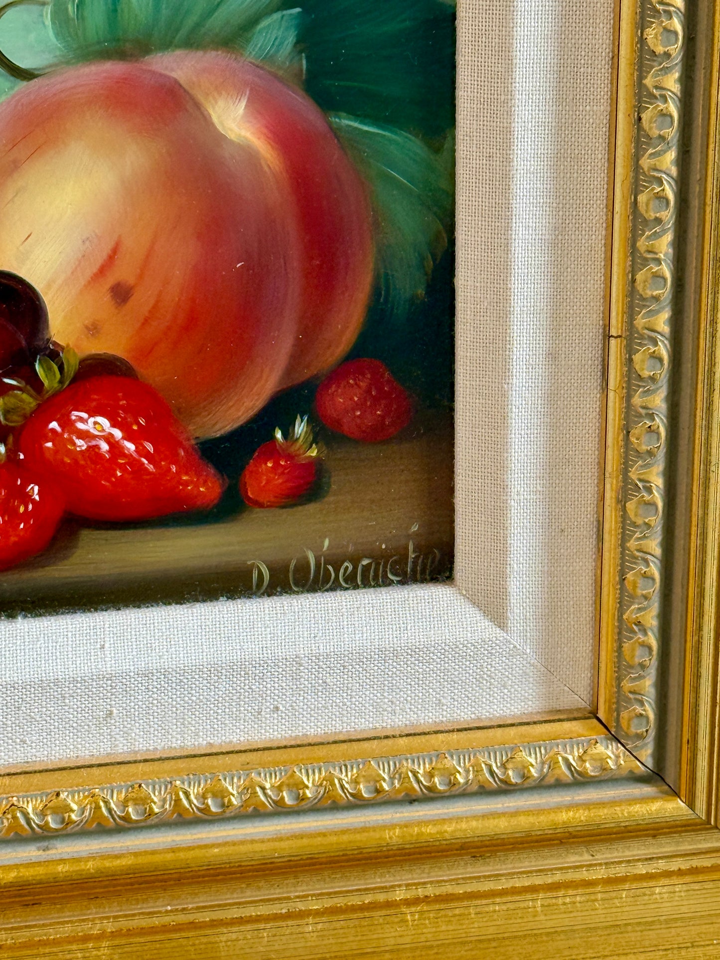 Dominique Obeniche Peche et Raisins Peaches and Grapes Still Life Oil Painting in Gold Frame