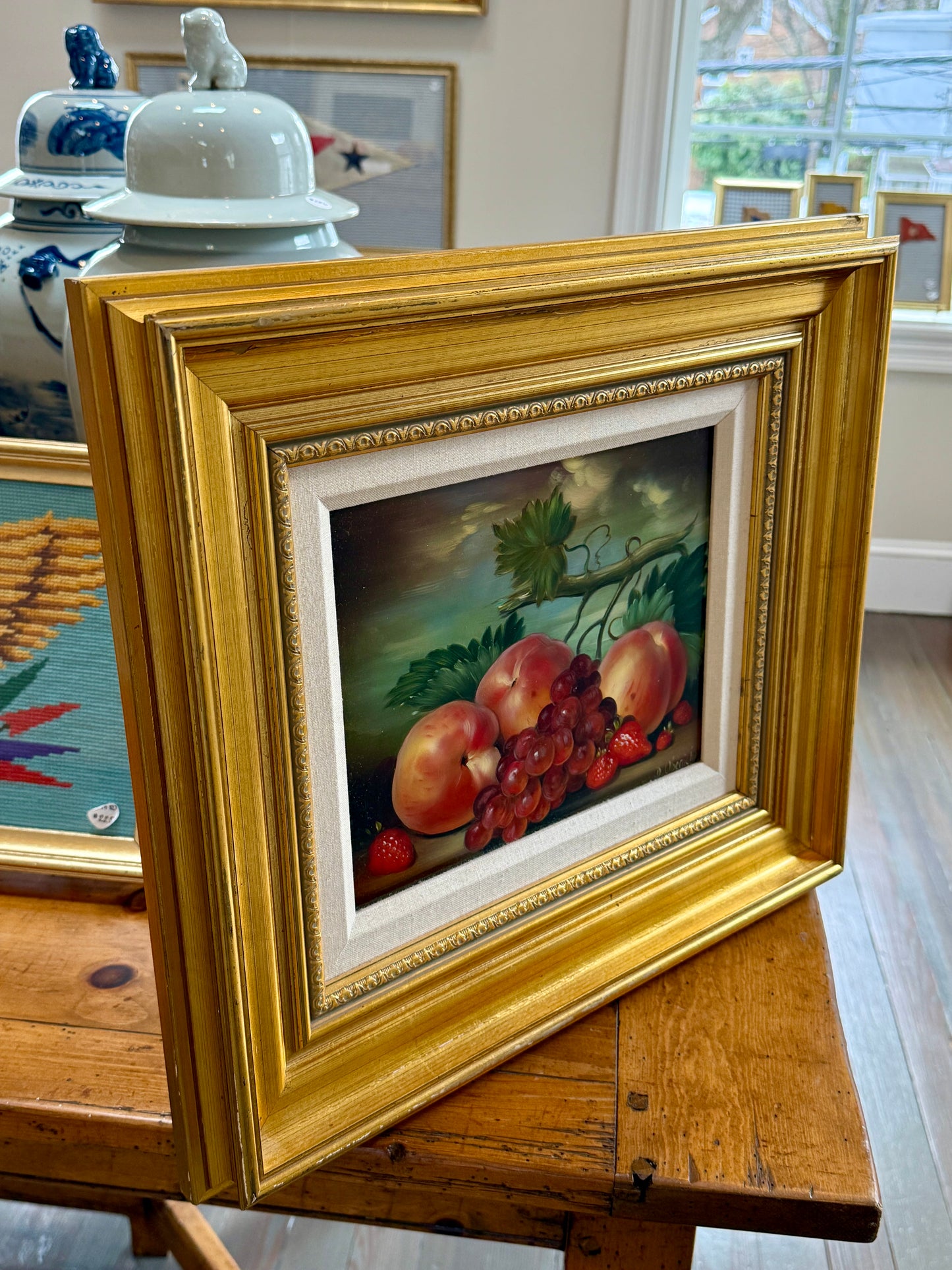 Dominique Obeniche Peche et Raisins Peaches and Grapes Still Life Oil Painting in Gold Frame